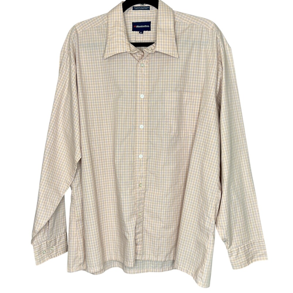 Manhattan Men's Shirt XL Long Sleeve Button Up‎ Plaid Pink Blue